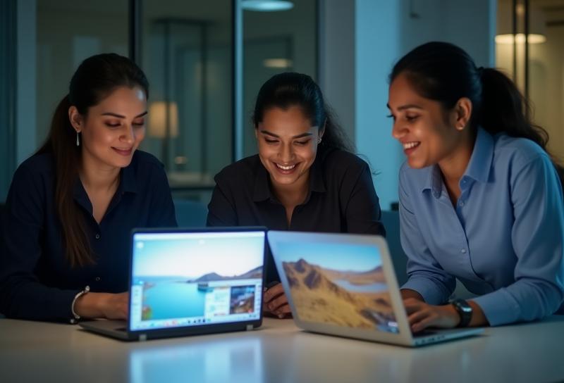 Three CineSpots India team members reviewing location photos on laptops and discussing options