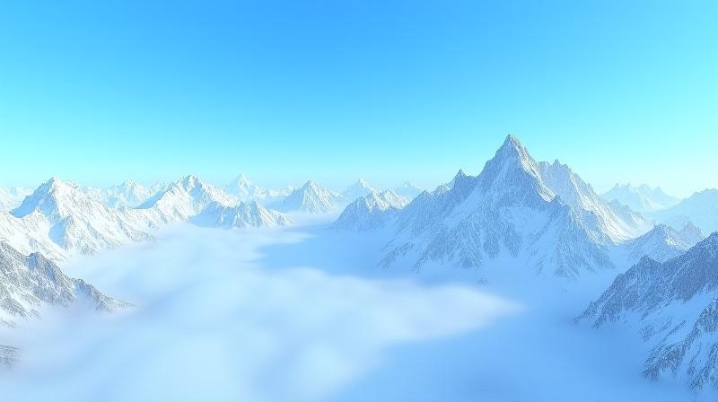 Panoramic view of rugged, snow-covered peaks in the Himalayan mountain range under a blue sky