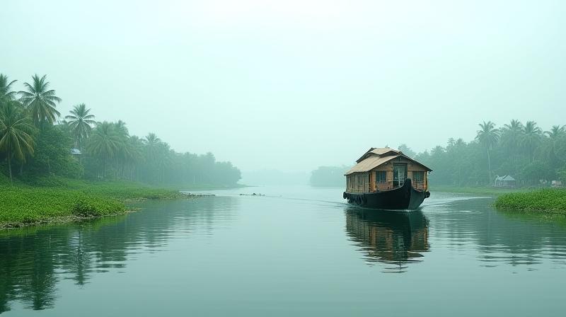Scenic view of a wooden boat floating on calm backwaters surrounded by lush greenery in Kerala